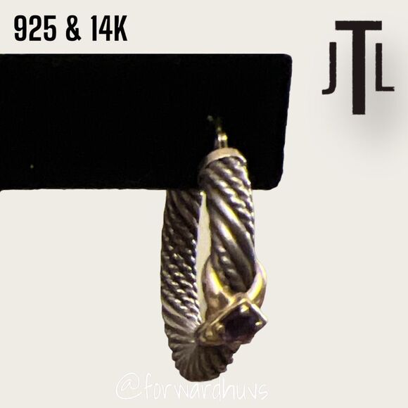 JTL Sterling Silver & 14K Gold Twisted Hoop Earrings – Amethyst Gemstone Accents - Picture 6 of 13